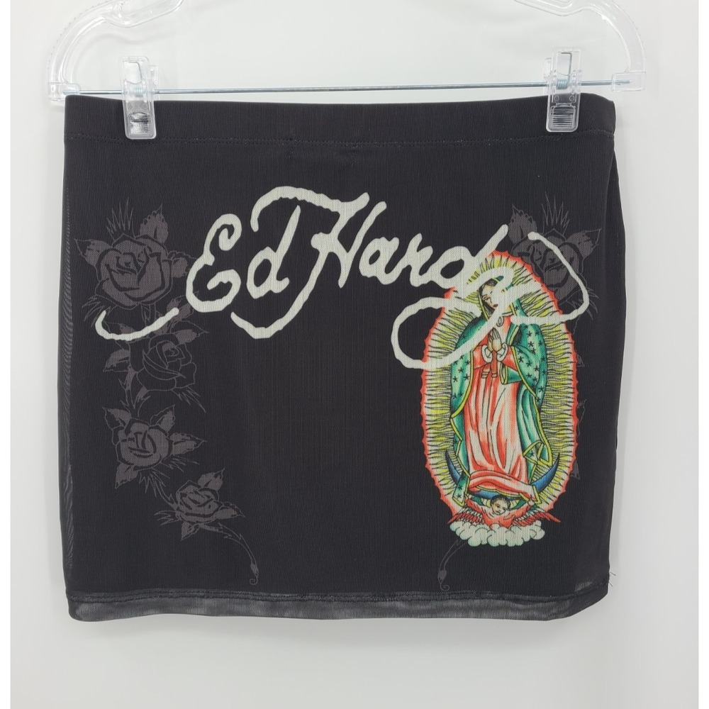 Ed Hardy Y2K Gothic Sheer Mini Skirt L Women Rock Edgy Grunge Festival Concert
